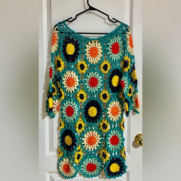 Katsum Hand Knit Crochet Floral Boho Oversized Coastal Suit Cover Up Size Small - Picture 1 of 8